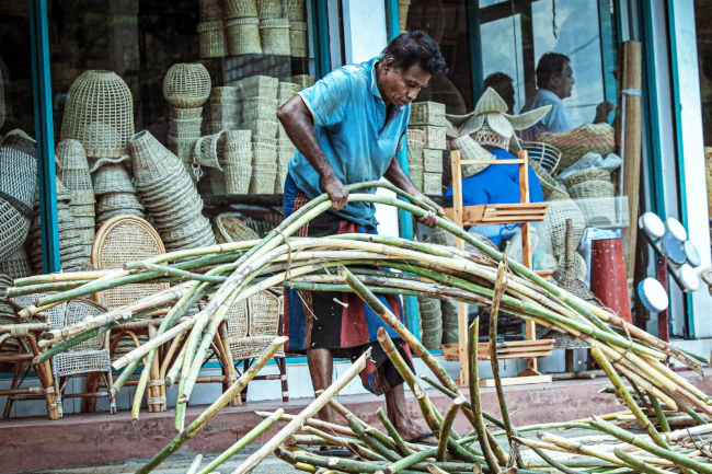 Image of man processing bamboo for weaving